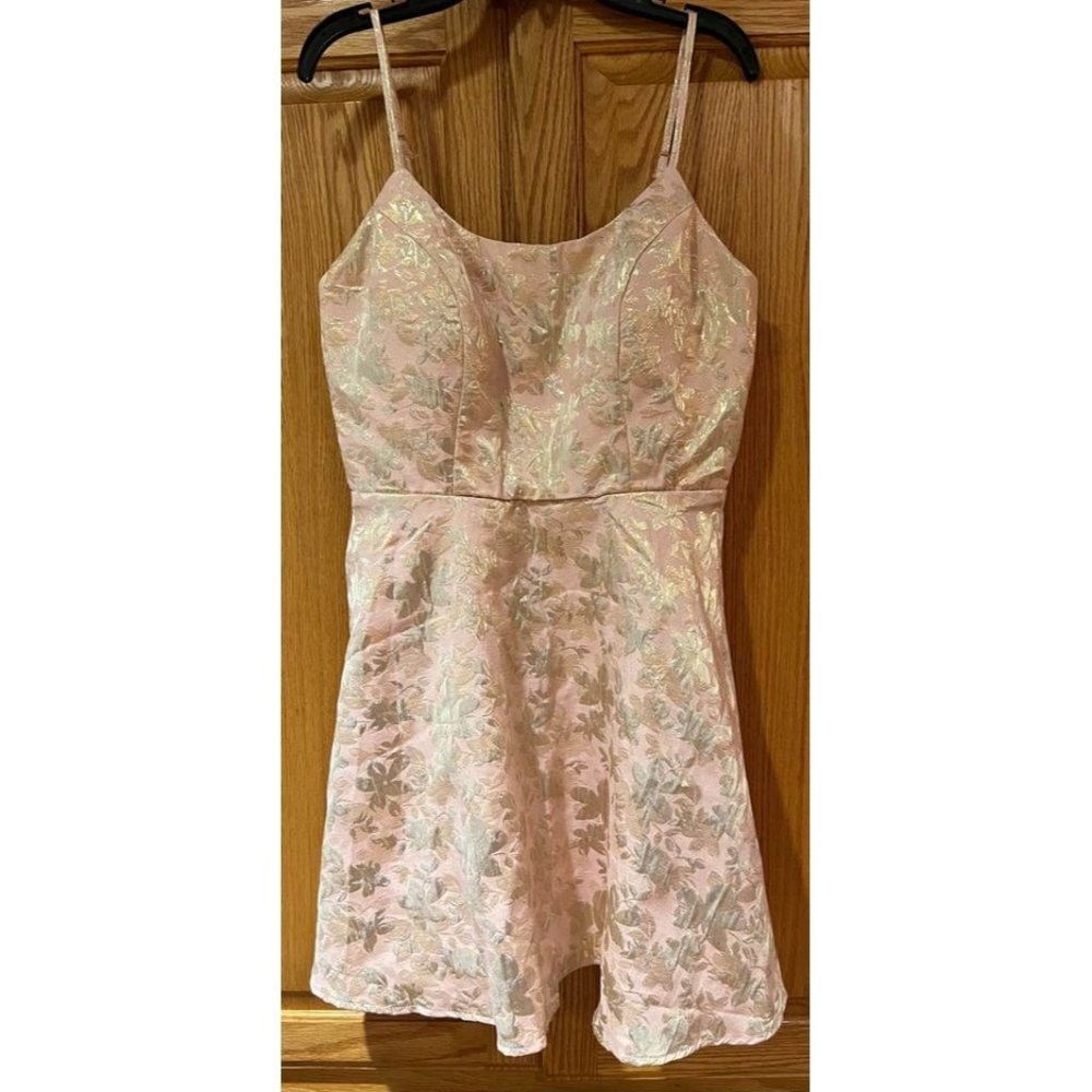 Trixxi‎ Light Pink with Gold Flowers Fit & Flare Mini Dress Juniors Size Medium